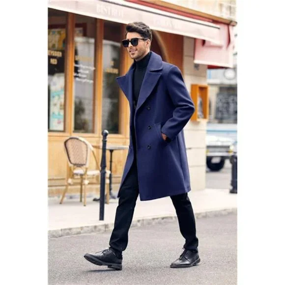 Men's Double Breasted Trench Coat Casual Lapel Collar Winter Long Overcoat